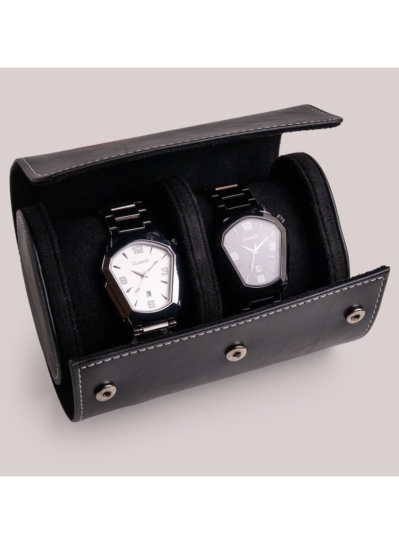Clasico Luxury Heavy-Duty Leather Double Watch Travel Case Black – Premium Dual Watch Roll with Suede Interior, Secure Clip Lock & Cushioned Protection for Luxury Watches - Image 3